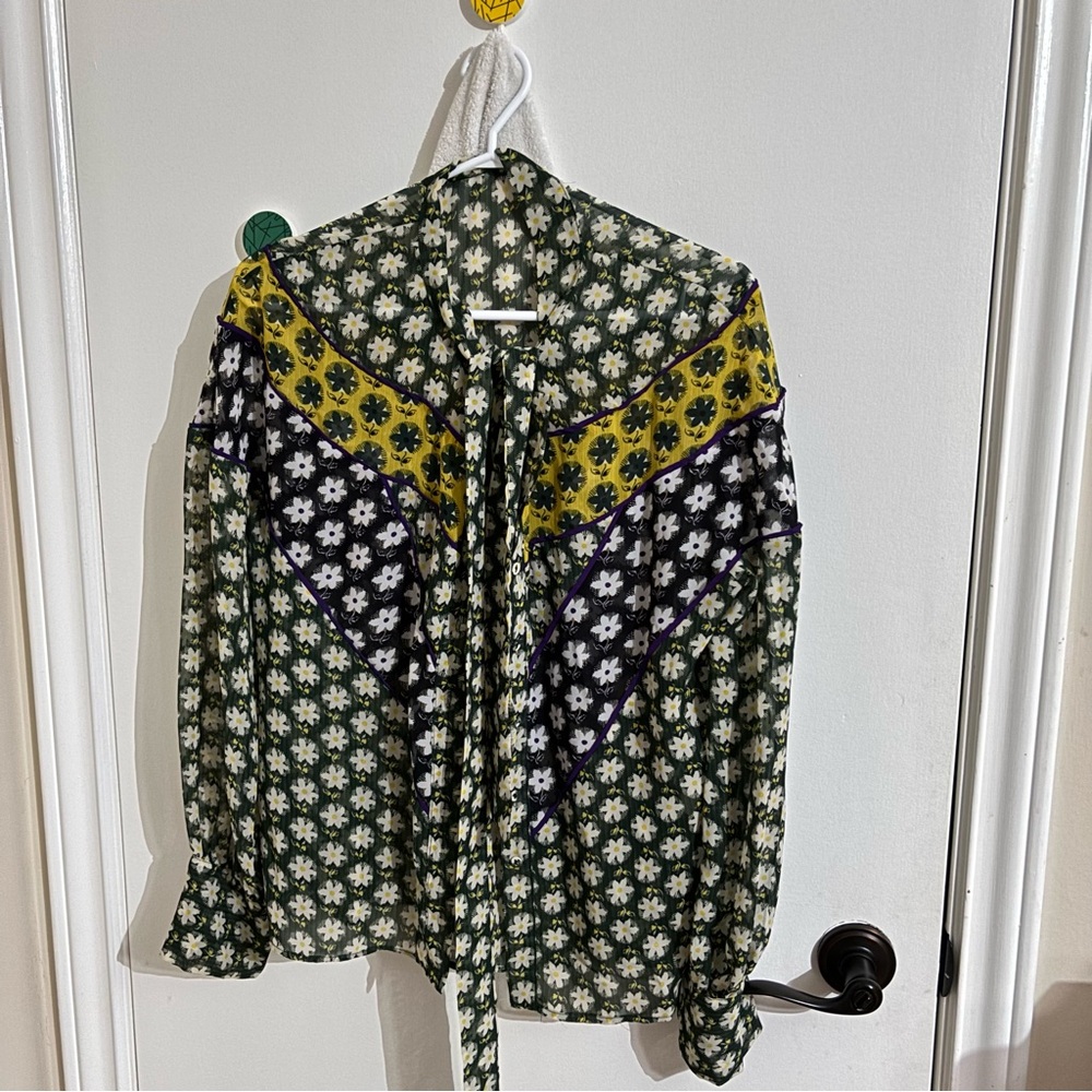 Floral Green Blouse with Yellow and Purple Accents